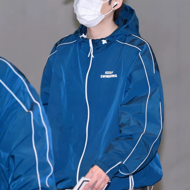 Windbreaker Anime Merchandise - Veste coupe-vent à capuche bleue avec